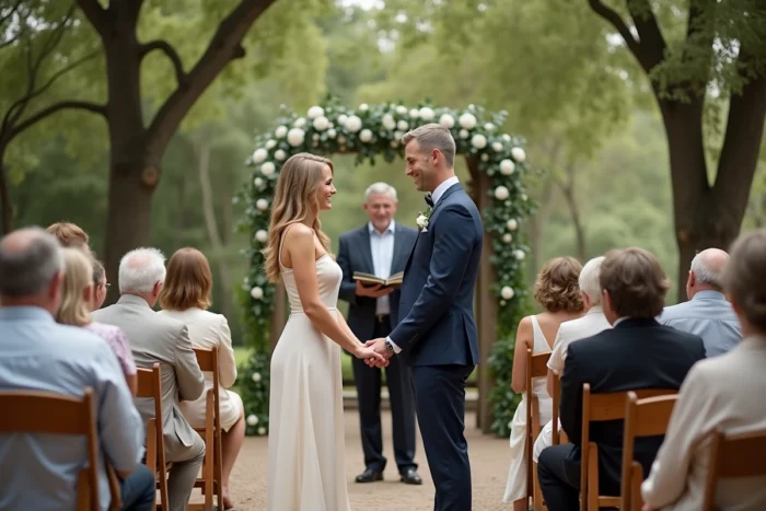 Renouvellement des voeux de mariage en comité restreint dans une petite chapelle de jardin entourée de proches