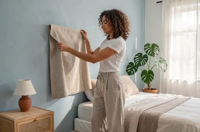 Femme choisissant un tissu devant un mur bleu dans une chambre lumineuse en cours de rénovation