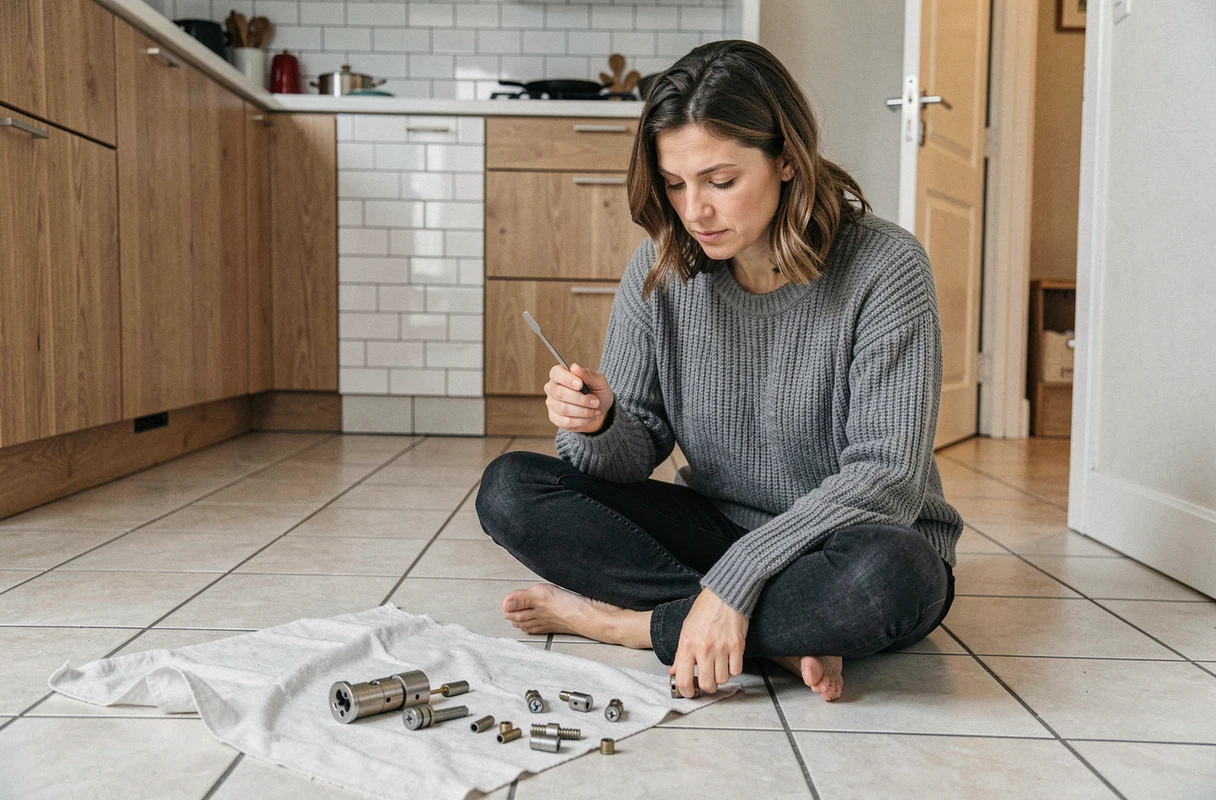 Femme en train de démonter un cylindre de serrure cassé sur le sol de sa cuisine pour le réparer