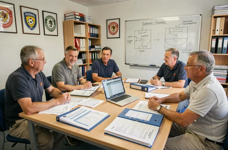Réunion administrative du district Essonne football avec des dirigeants autour d'une table couverte de documents officiels et de classeurs de la ligue