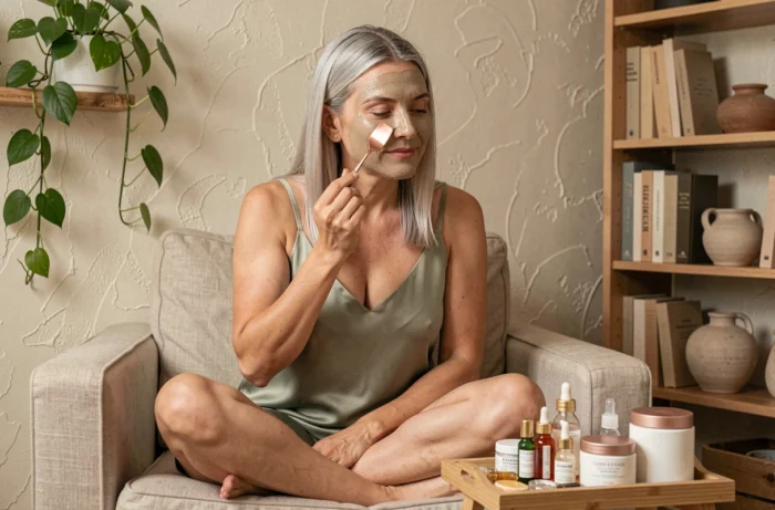 Femme appliquant un masque visage à la maison entourée de soins beauté tendance, rituel beauté cosy