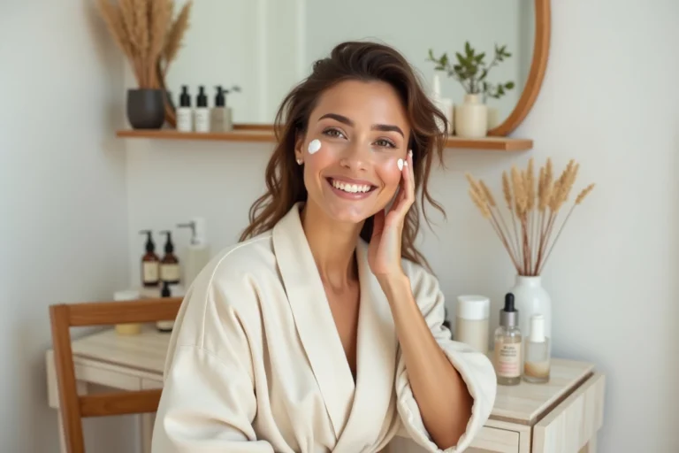 Femme appliquant sa routine beauté devant une coiffeuse minimaliste avec des soins de peau et des sérums