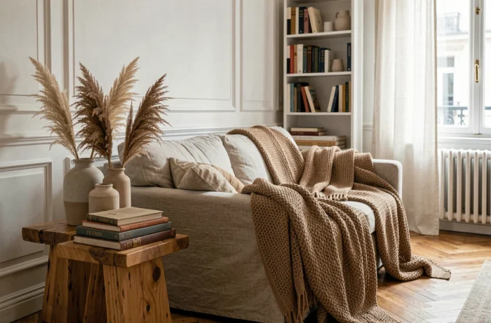 Salon cosy avec canapé en lin, plaids en laine et décorations en céramique dans un appartement haussmannien chaleureux