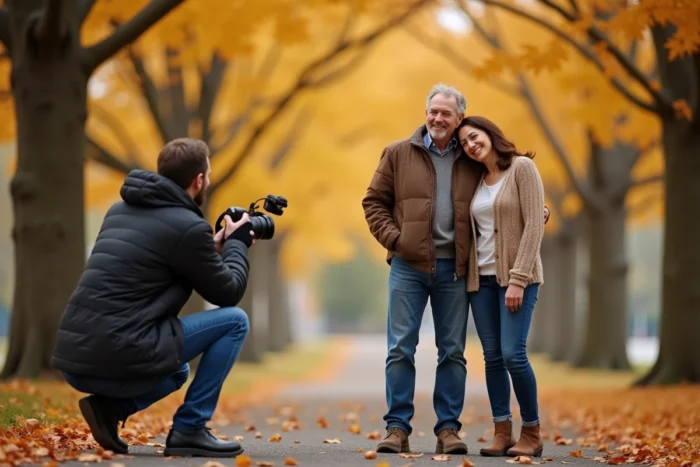 Séance photo de couple en plein air avec un photographe professionnel dans un parc en automne