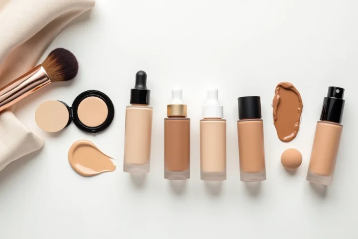 Sélection de fonds de teint en différentes textures et teintes disposés en flat lay sur fond blanc minimaliste
