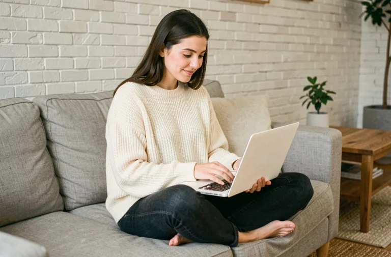 Jeune femme assise sur un canapé gris faisant du shopping de chaussures en ligne sur son ordinateur portable