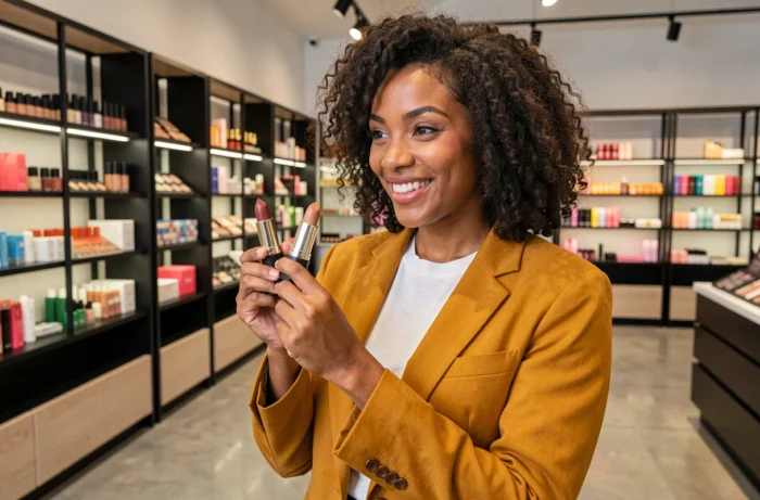 Femme comparant des rouges à lèvres dans une boutique beauté moderne, shopping maquillage tendances