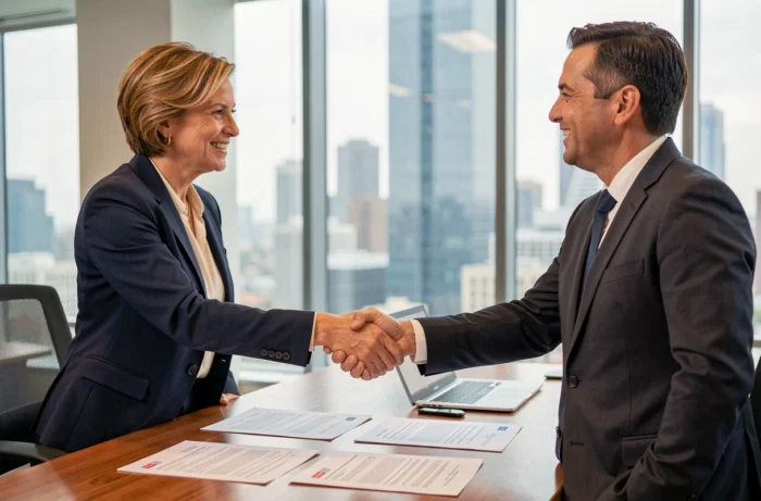 Une femme d'affaires et un partenaire signant un accord de franchise autour d'une table de réunion professionnelle