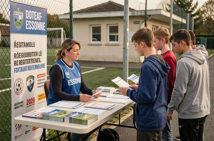 Stand d'inscription et d'information du district Essonne football avec bénévoles et familles consultant les brochures de la saison 2026