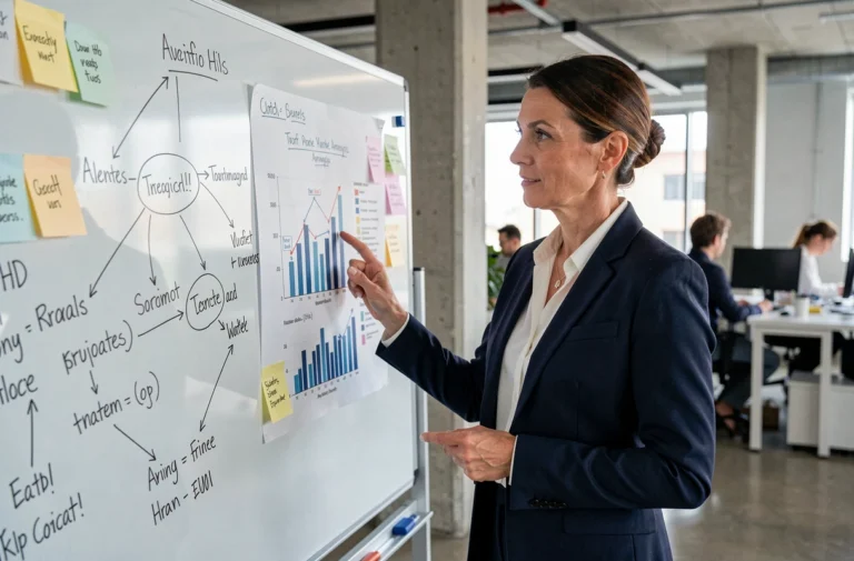 Femme cheffe d'entreprise analysant une stratégie commerciale sur un tableau blanc dans un bureau moderne