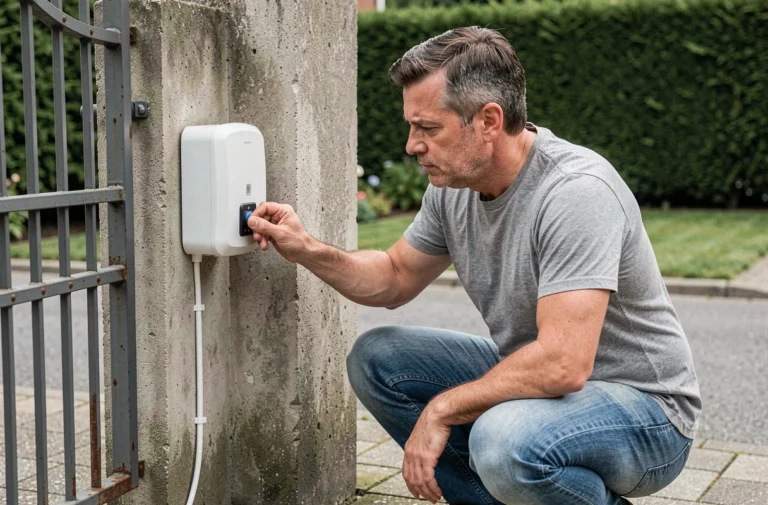 Homme appuyant sur le bouton de programmation du moteur d'un portail coulissant pour synchroniser une télécommande