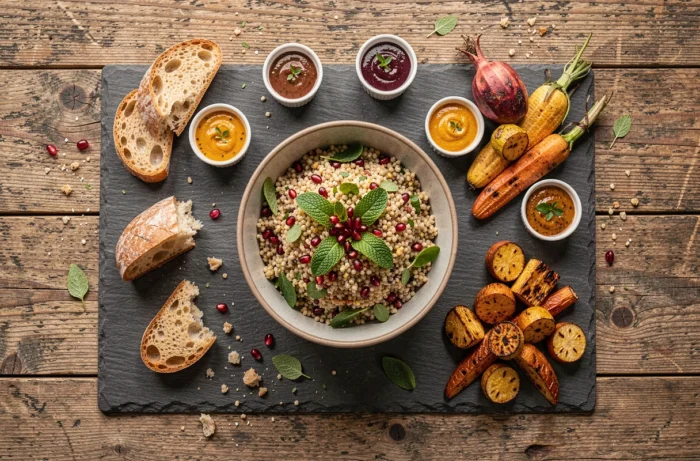 Présentation gourmande de plats créatifs et colorés sur une table en bois rustique vue de dessus
