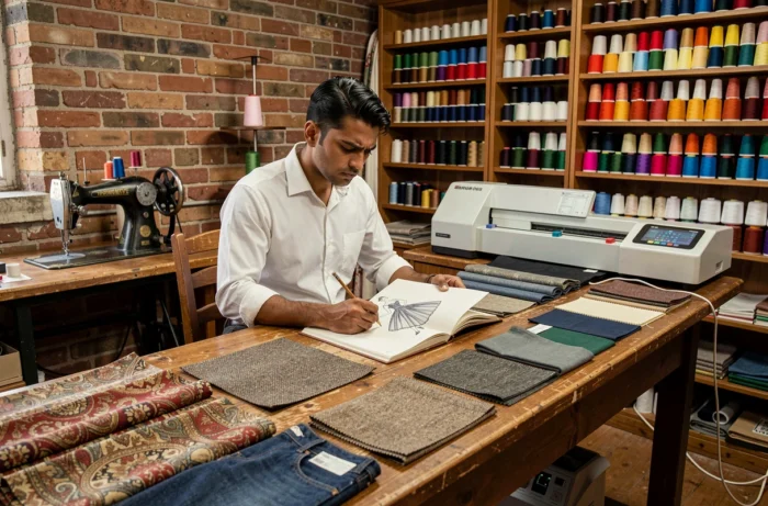 Jeune tailleur étudiant l'histoire de la mode dans un atelier de couture traditionnel entouré de tissus d'époques différentes