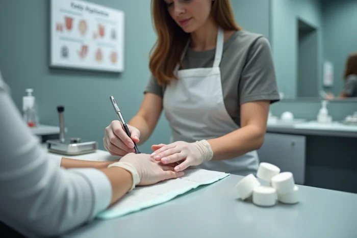 Technicienne en onglerie inspectant des ongles avec des marques blanches après retrait de vernis gel en salon