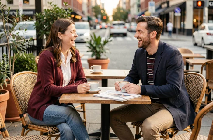 Deux amis stylés en tenues tendance automnales attablés dans un café urbain chic