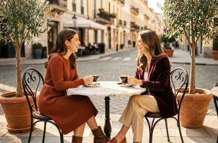 Deux amies stylées en tenues automnales complémentaires — robe en maille rouille et blazer velours bordeaux — riant autour d'un café en terrasse dans une ville européenne, illustrant les tendances mode de la saison