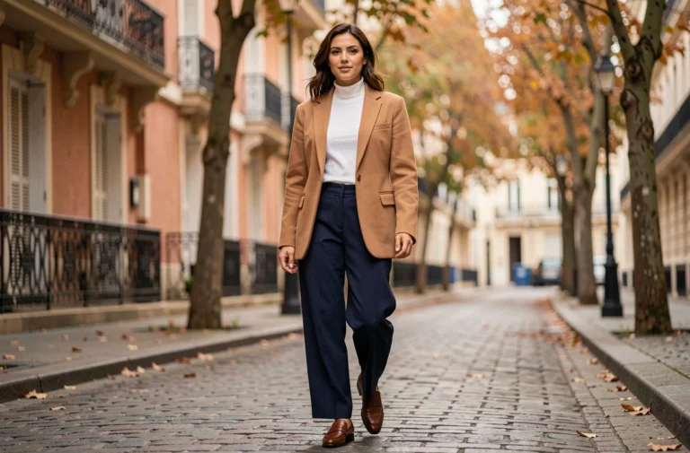 Femme élégante en blazer camel oversize et pantalon wide-leg indigo marchant dans une rue pavée parisienne en automne, illustrant les tendances mode de la saison