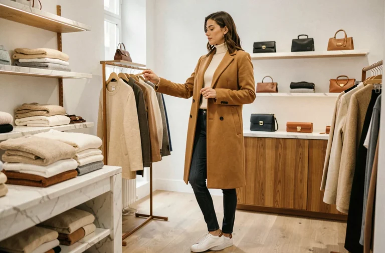 Femme stylée en manteau camel dans une boutique de mode parisienne minimaliste