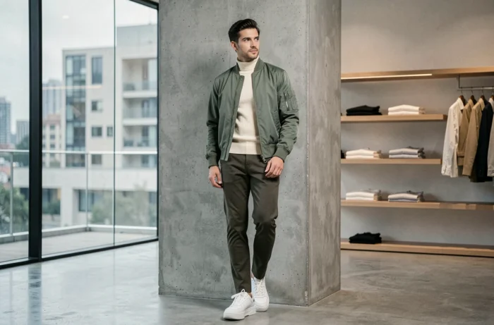 Homme en bomber sage-green et col roulé crème appuyé contre un pilier en béton dans un concept store minimaliste, incarnant les tendances mode masculine de la saison