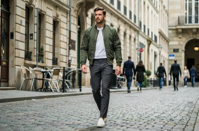 Homme en bomber jacket olive marchant dans une rue pavée européenne avec un style urbain tendance