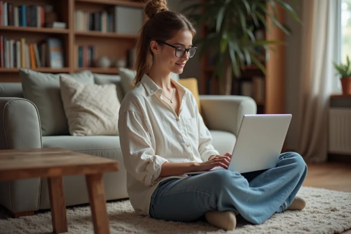 Jeune femme explorant les tendances et actualités du web depuis son salon sur un ordinateur portable
