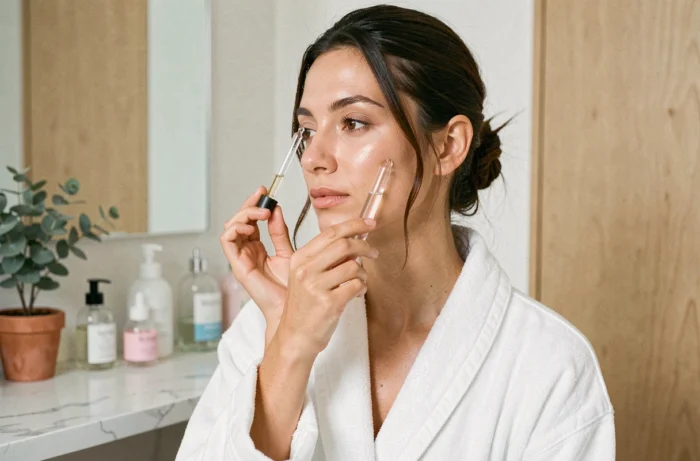 Femme appliquant un sérum visage à la vanité en marbre blanc, tendances soins de peau saison beauté
