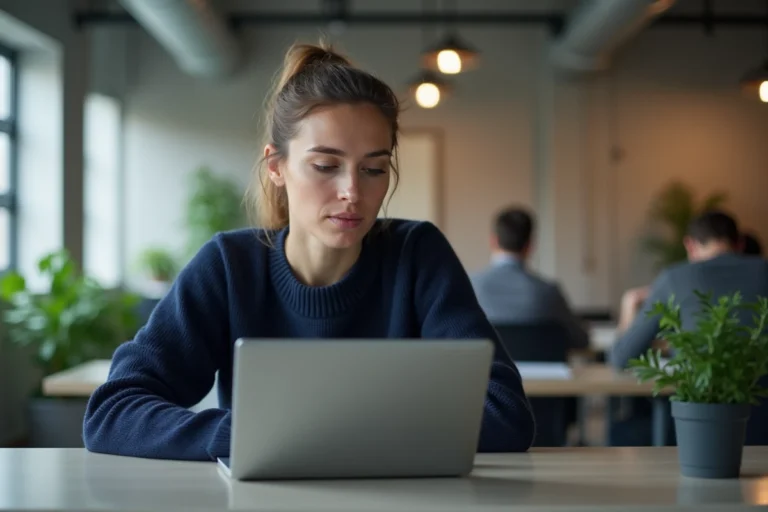 Femme professionnelle consultant les dernières tendances du web sur un ordinateur portable dans un bureau moderne