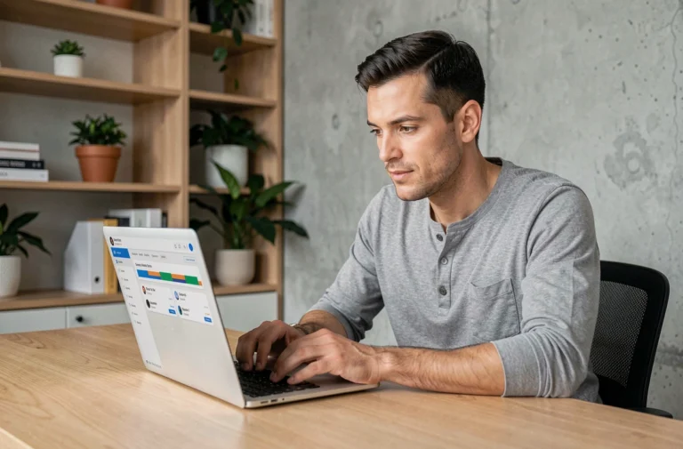 Utilisateur masculin consultant une plateforme numérique Reborn21 sur son ordinateur portable dans un bureau moderne en 2026