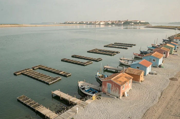 Vue panoramique du village ostréicole de l'étang de Thau près de Sète, avec cabanes colorées et tables d'élevage d'huîtres