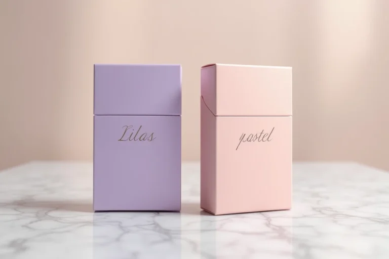 Deux paquets de cigarettes Vogue Lilas et Vogue Pastel côte à côte sur marbre blanc