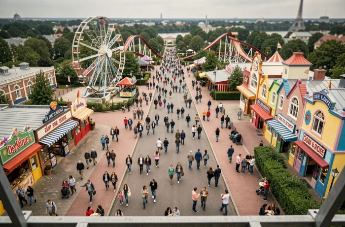 Vue panoramique d'un grand parc d'attractions près de Paris avec manèges et familles en balade