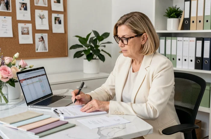 Wedding planner professionnelle consultant un plan de mariage détaillé dans un studio de décoration moderne