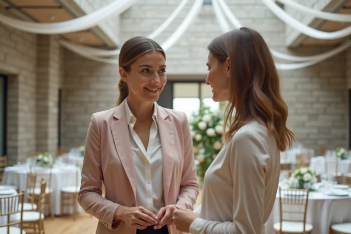 Wedding planner professionnelle présentant la décoration d'une salle de réception à un couple de futurs mariés
